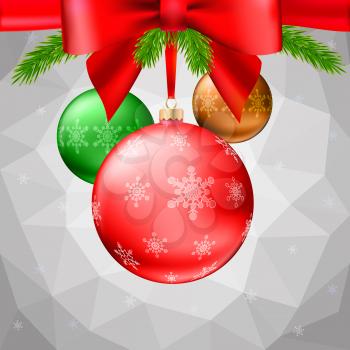 Gold Christmas balls with green fir branches and bow on the background made of triangles. Realistic vector bright ball with snowflakes and red ribbon, editable eps 10