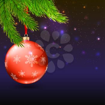 Christmas balls with green fir branches on the background with flash and Christmas lights. Realistic vector bright balls with snowflakes. Greeting card with golden text, editable eps 10