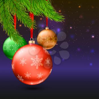 Christmas balls with green fir branches on the background with flash and Christmas lights. Realistic vector bright balls with snowflakes. Greeting card with golden text, editable eps 10