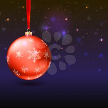 Christmas balls on the background with flash and Merry Christmas lights. Realistic vector bright balls with snowflakes. Greeting card with place for your text, editable eps 10