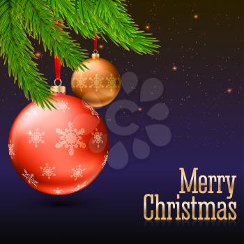 Christmas balls with green fir branches on the background with stars and a Christmas lights. Realistic vector bright balls with snowflakes. Greeting card with golden text, editable eps 10