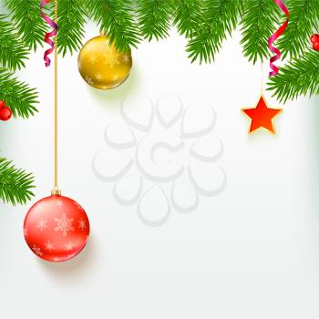 Christmas background with fir branches, red viburnum berries, Christmas balls, beads, a red star with ash trim, New Year ornaments and streamers on white background with place for your text.
