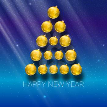 Christmas tree made from yellow christmas balls on the background of rays of light with shiny sparkles. Vector 3D illustration, template for your greeting card