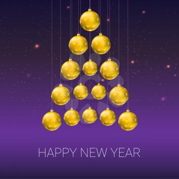 Christmas tree made from yellow christmas balls on the colored background with shiny sparkles. Vector 3D illustration, template for your greeting card