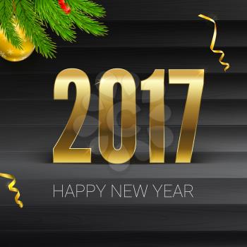 Christmas card with coming 2017 year. Golden Christmas balls, ribbons, streamers and green fir branches, inscription Happy New Year and golden number. Vector illustration, template for greeting cards