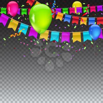 Abstract colored illustration on transparent background with balloons, garlands of colored flags, streamers and confetti. Holiday greeting card or template for Christmas, birthday or anniversary.