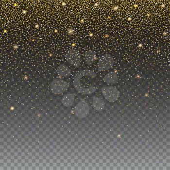 Brilliant, golden and sparkling dust particles on transparent background. The falling, glittering golden rain or snowfall, ready background template for greeting card, Christmas invitation or cover