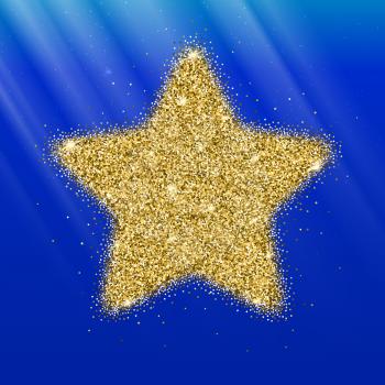 Icon of Five-pointed star with gold sparkles and glitter, glow light, bright sequins, sparkle tinsel, shimmer dust. Five-pointed star sign isolated on blue background