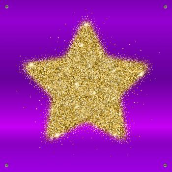 Icon of Five-pointed star with gold sparkles and glitter, glow light, bright sequins, sparkle tinsel, shimmer dust. Five-pointed star sign isolated on pink background