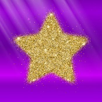 Icon of Five-pointed star with gold sparkles and glitter, glow light, bright sequins, sparkle tinsel, shimmer dust. Five-pointed star sign isolated on pink background