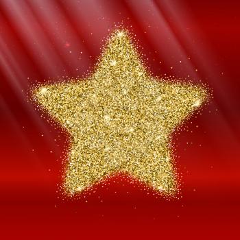 Icon of Five-pointed star with gold sparkles and glitter, glow light, bright sequins, sparkle tinsel, shimmer dust. Five-pointed star sign isolated on red background