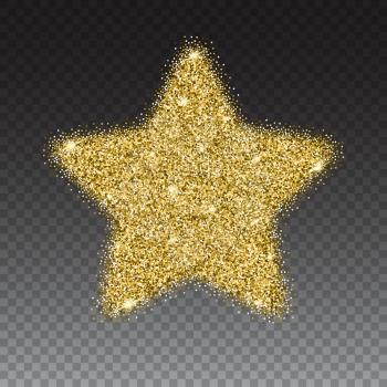 Icon of Five-pointed star with gold sparkles and glitter, glow light, bright sequins, sparkle tinsel, shimmer dust. Five-pointed star sign isolated on transparent background