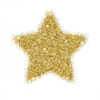 Icon of Five-pointed star with gold sparkles and glitter, glow light confetti, bright sequins, sparkle tinsel, shimmer dust. Five-pointed star sign isolated on white background