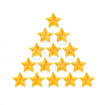 Set of rating stars. Gold, metal five-pointed stars in the shape of a Christmas tree. isolated on white background