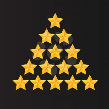 Set of rating stars. Gold, metal five-pointed stars in the shape of a Christmas tree. isolated on black background
