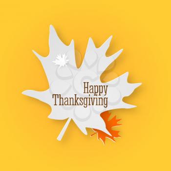 Happy thanksgiving day greeting card with hand lettering on yellow background. Give thanks black text on white maple leaf