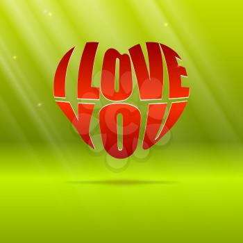 Heart typography, heart shape design for love symbols on green background with light rays.