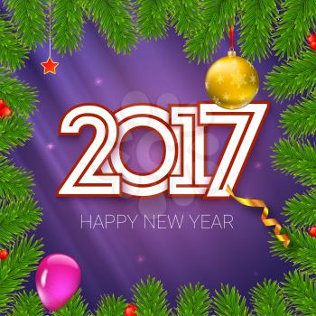 Christmas card with coming 2017 year. Golden Christmas balls, red star with green fir branches, inscription Happy New Year. Vector illustration, template for greeting cards