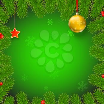 Christmas background with fir branches, red viburnum berries, Christmas balls, beads, a red star with ash trim, New Year ornaments and streamers on green background with place for your text.