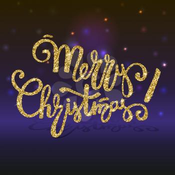 Merry Christmas golden lettering, shiny and glittering typography, handwriting text. Greeting card on a background of twinkling stars, template for your congratulations.. Vector illustration. EPS 10