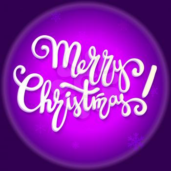Merry Christmas lettering design, handwriting text typography. Greeting card on a pink background with snowflakes, template for your congratulations.. Vector illustration. EPS 10