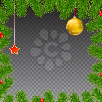 Christmas background with fir branches, red viburnum berries, Christmas balls, beads, a red star with ash trim, New Year ornaments and streamers on transparent background, template for greeting cards.