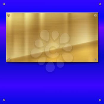 Shiny brushed metal gold, yellow plate with screws. Stainless steel banner on blue polished background, vector illustration for you