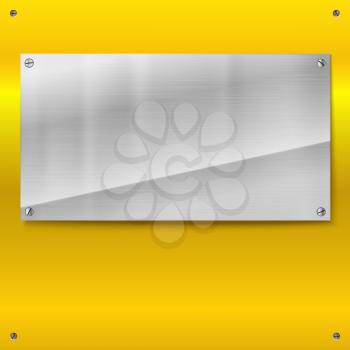 Shiny brushed metal plate with screws. Stainless steel banner on yellow polished background, vector illustration for you