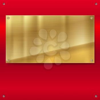 Shiny brushed metal plate with screws. Stainless steel golden, bronze, yellow banner on red polished background, vector illustration for you