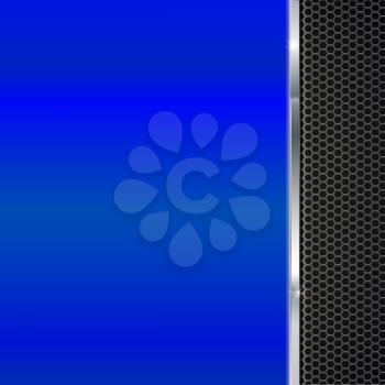 Background of polished blue metal and black metal mesh with polished metal strip. Technological background for garages, auto shops and just creativity
