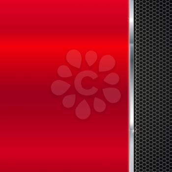 Background of polished red metal and black metal mesh with polished metal strip. Technological background for garages, auto shops and just creativity