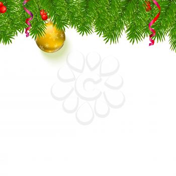Christmas background with fir branches, red viburnum berries, Christmas balls, beads, a red star with ash trim, New Year ornaments and streamers on white background, template for greeting cards.
