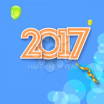 Christmas card with coming 2017 year. Bright background with serpentine, ribbons and balloons. Vector illustration, template for your greeting cards