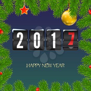 Christmas card with coming 2017 year. Golden Christmas balls, red star with green fir branches and scoreboard, inscription Happy New Year. Vector illustration, template for greeting cards