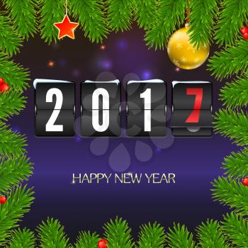 Christmas card with coming 2017 year. Golden Christmas balls, red star with green fir branches and scoreboard, inscription Happy New Year. Vector illustration, template for greeting cards