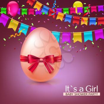 It s a girl baby shower concept with red ribbon bow and egg. Vector illustration. Party invitation template with carnival flag garlands, confetti, streamers and tinsel.