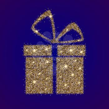 Icon of Gift box with gold sparkles and glitter, glow light confetti, bright sequins, sparkle tinsel, shimmer dust. Gift box sign isolated on blue background