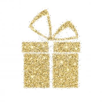 Icon of gift box with gold sparkles and glitter, glow light, bright sequins, sparkle tinsel, shimmer dust. Gift box sign isolated on white background