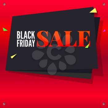 Black Friday sale, black banner with flying, colored confetti on bright red background with twisted at the corners with screws