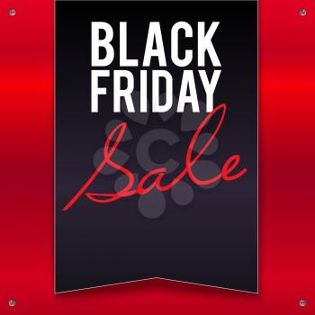 Black Friday sale large black banner, pennant, flag on a bright, red background with twisted at the corners with screws