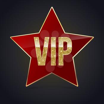 Red five-pointed star with Golden edging and the inscription VIP. Sign of exclusivity and elitism with bright, Golden glow. Template for vip banners or card, exclusive certificate, luxury voucher