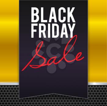 Black Friday sale large black banner, pennant, flag on a yellow background made of yellow painted metal with metal strip and mesh