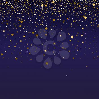 Brilliant, golden and sparkling dust particles, shape of heart, stars on dark background. The falling, glittering golden rain or snowfall, ready background template for greeting card or invitation