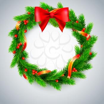 Traditional Christmas wreath made of green fir branches with red berries of viburnum, Golden ribbon and red bow on a white background. Vector, editable illustration