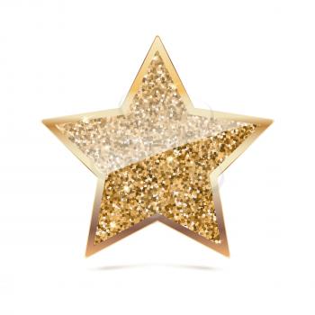 Icon of Five-pointed star with gold sparkles and glitter, glow light, bright sequins, sparkle tinsel, shimmer dust. Five-pointed star sign isolated on white background