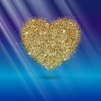 Icon of Heart with gold sparkles and glitter, glow light, bright sequins, sparkle tinsel, shimmer dust. Heart sign isolated on blue background
