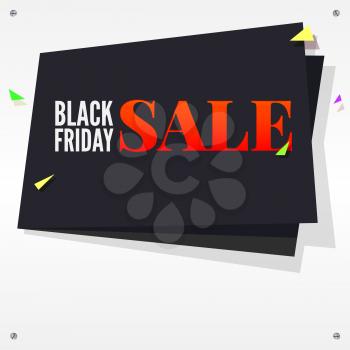 Black Friday sale, black banner with flying, colored confetti on white background with screws twisted at the corners