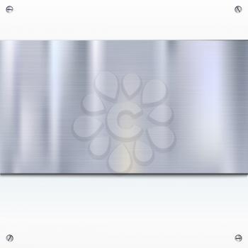 Shiny brushed metal plate with screws. Stainless steel banner on white background, vector illustration for you