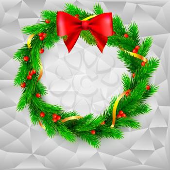 Traditional Christmas wreath made of green fir branches with red berries of viburnum, Golden ribbon and red bow on the background made of triangles. Vector, editable illustration