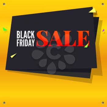 Black Friday sale, black banner with flying, colored confetti on bright yellow background with twisted at the corners with screws